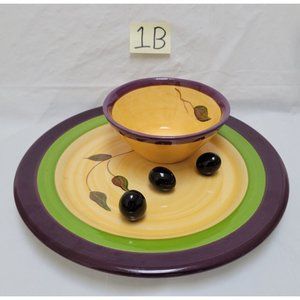 Vintage Cali Ceramic Pottery Serving Plate w/ Attached Bowl  - Olive Design - 1B
